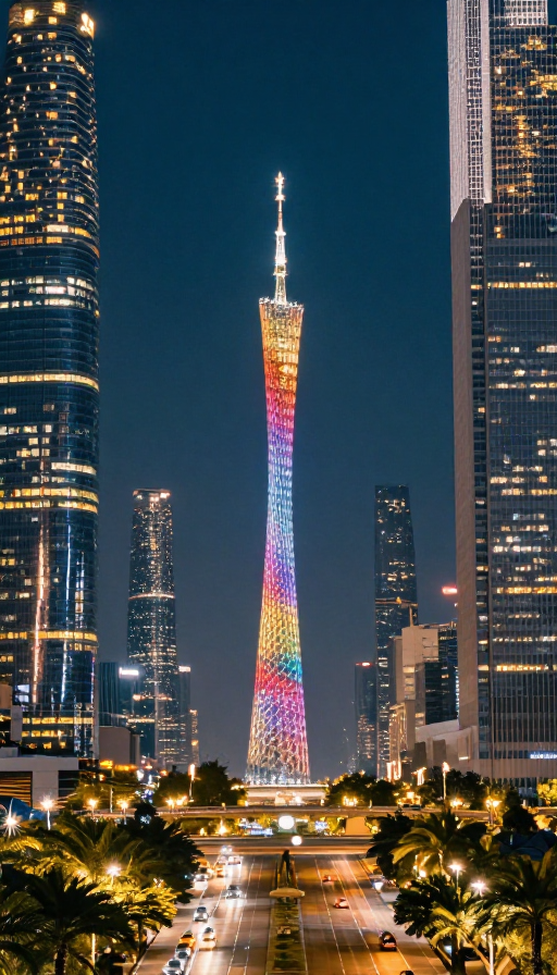 广州珠江新城夜景:小蛮腰璀璨点亮未来都市