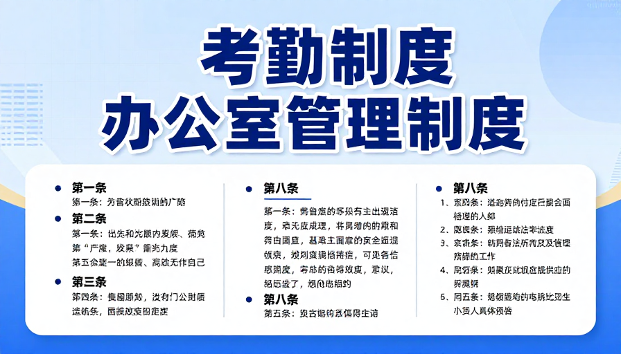 蓝白考勤制度海报，专业排版办公室管理规范