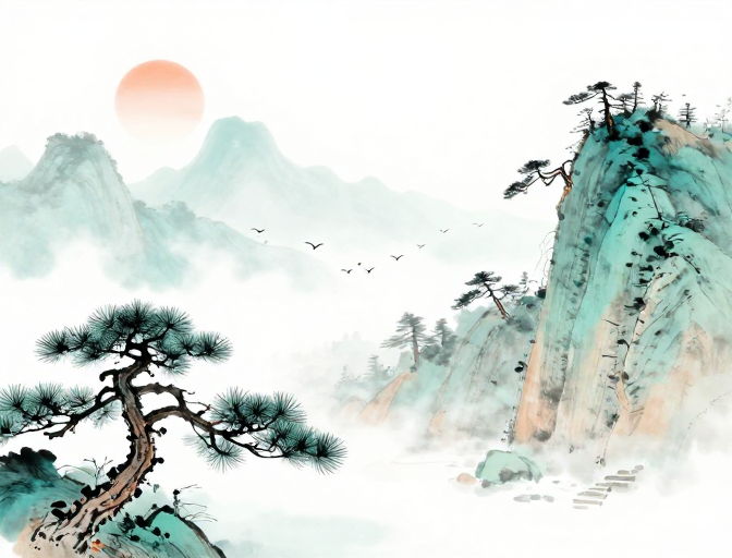 青绿山水意境:水墨留白之静谧画卷
