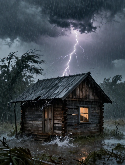 风雨侵袭下的孤木屋：阴郁与孤独的警示画面