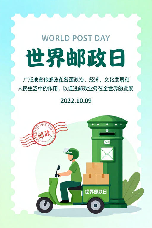 清新蓝绿渐变世界邮政日扁平宣传海报