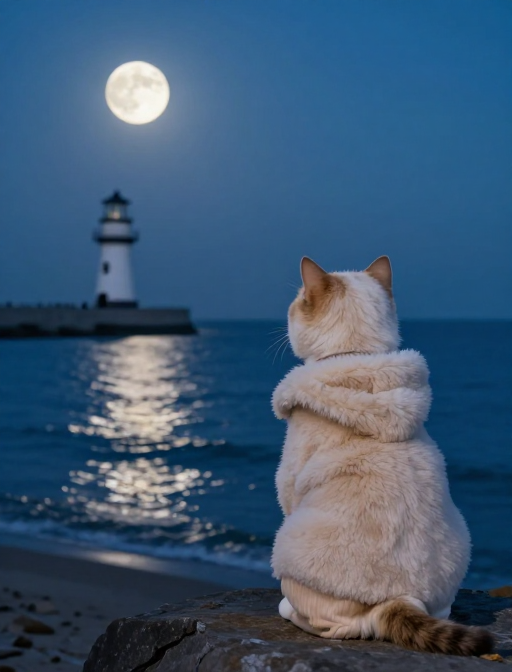 月夜灯塔：海边猫咪望海瞬间