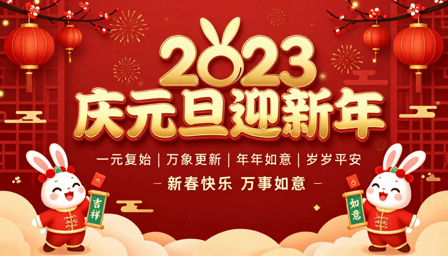 2023兔年新年海报：红金喜庆中国风设计