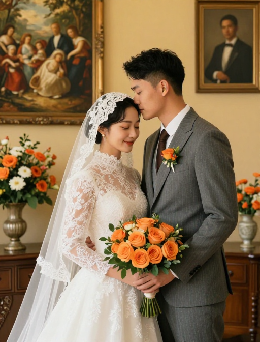 亚洲新人优雅婚礼瞬间,古典背景下的温馨爱恋