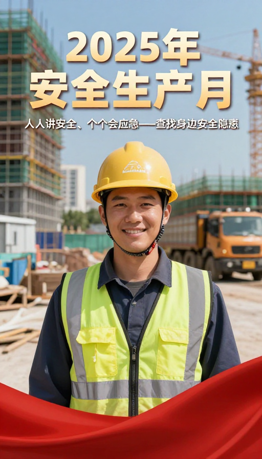 2025年安全生产月主题宣传,工地施工场景展现安全与应急意识