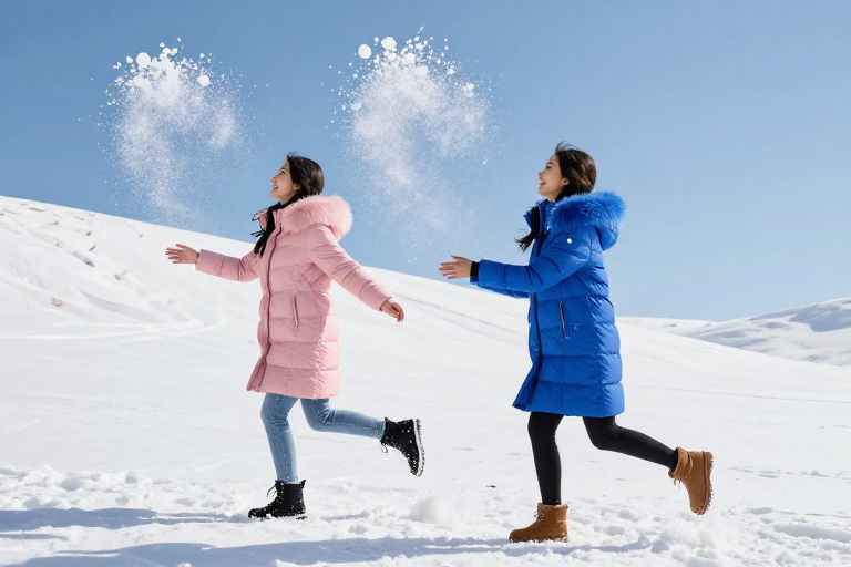 雪地嬉戏:两位女子粉蓝羽绒服动态抛雪瞬间