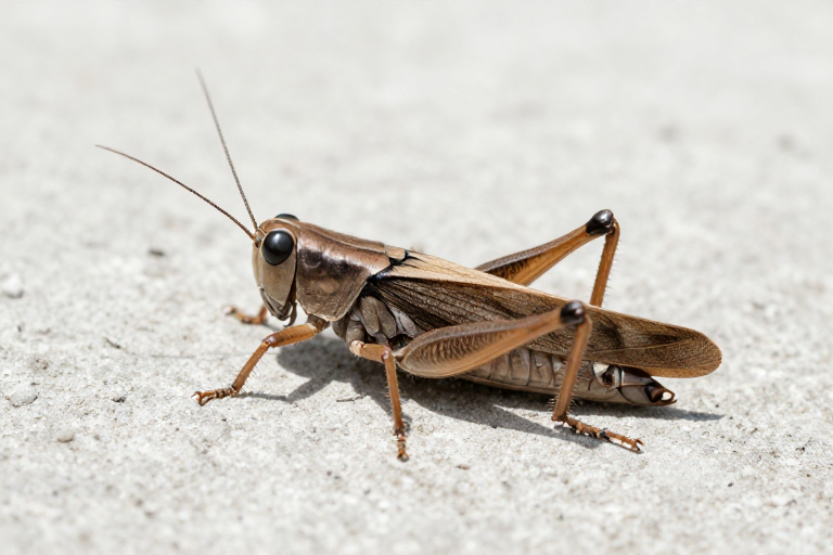 棕色蟋蟀特写：粗糙水泥地面上的自然侧逆光摄影
