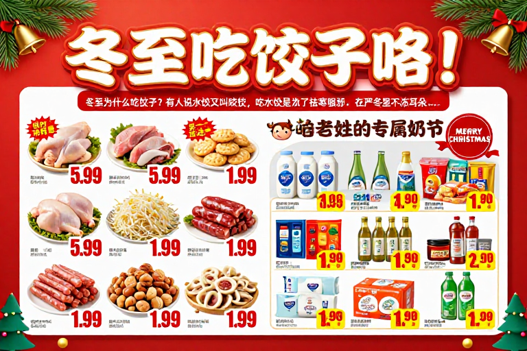 冬至圣诞双节日庆促销海报，红金主色调营造喜庆氛围