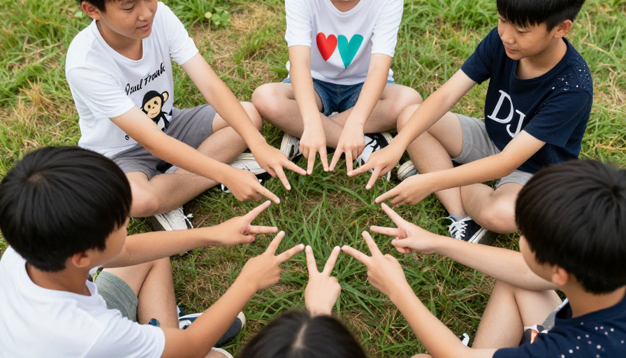 青春友谊:六位少年草地手比心环