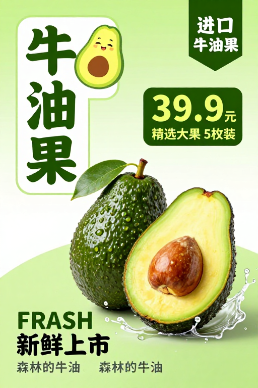 清新绿调进口牛油果促销海报,彰显自然健康