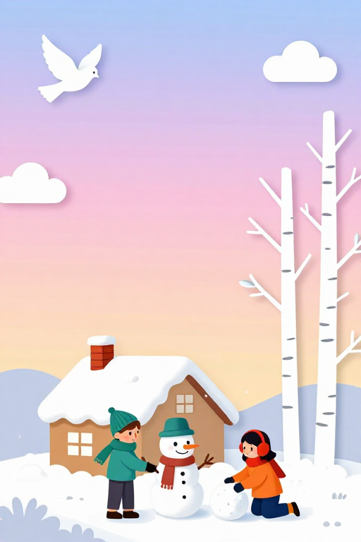 梦幻冬日童话:桦树白雪下的温馨小屋与萌趣角色