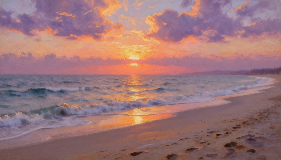 印象派油画：宁静海滩日落