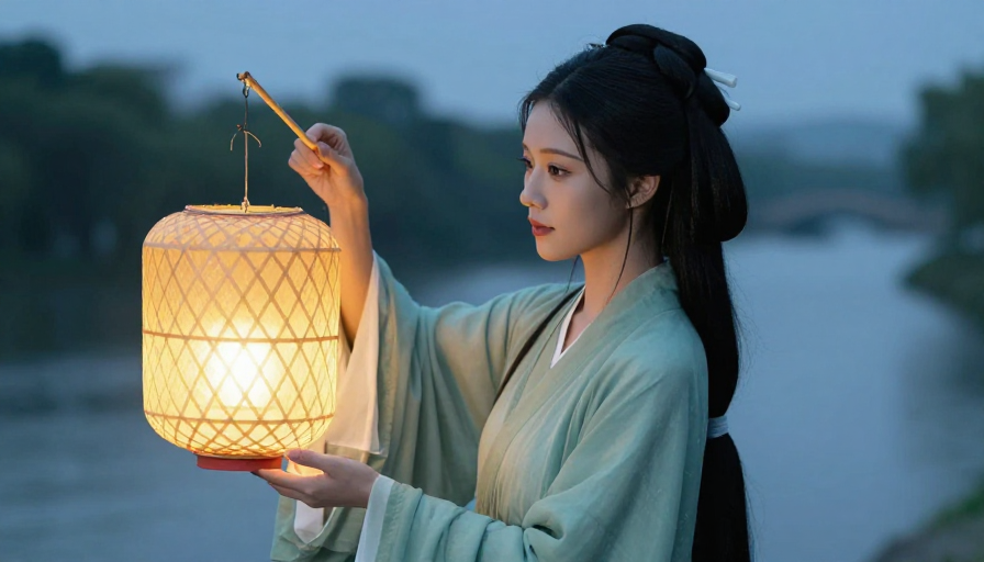 青衫古韵·竹灯映岸暮色