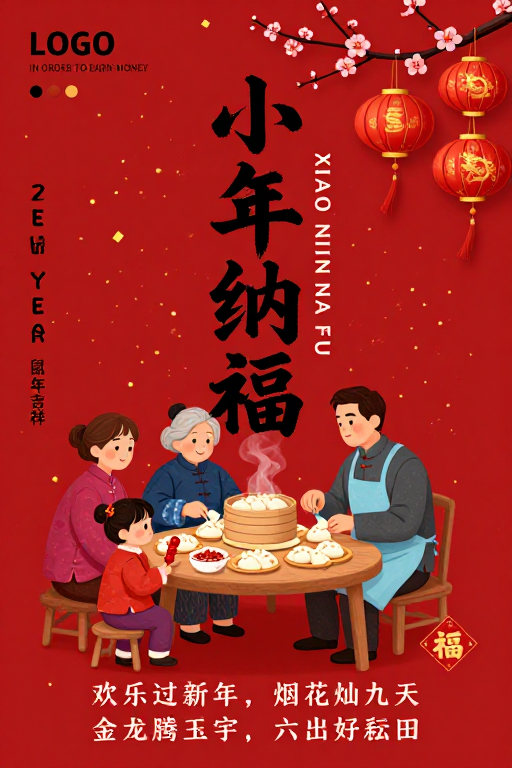 红韵年味:温馨手绘鼠年纳福全家福插画