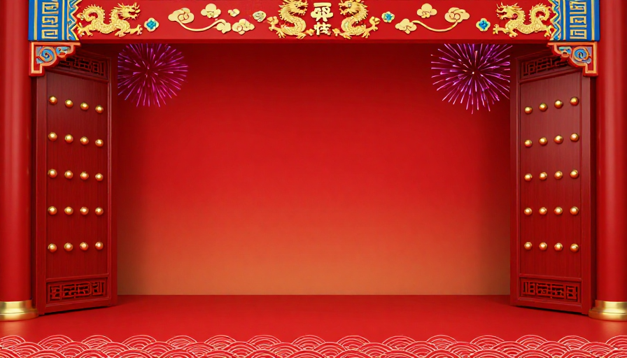 喜庆中式庆典舞台背景:祥龙云纹红绸幕布