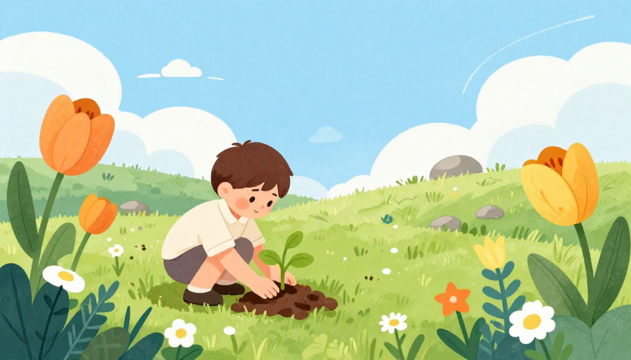 童趣自然教育插画：水彩风男孩种花场景