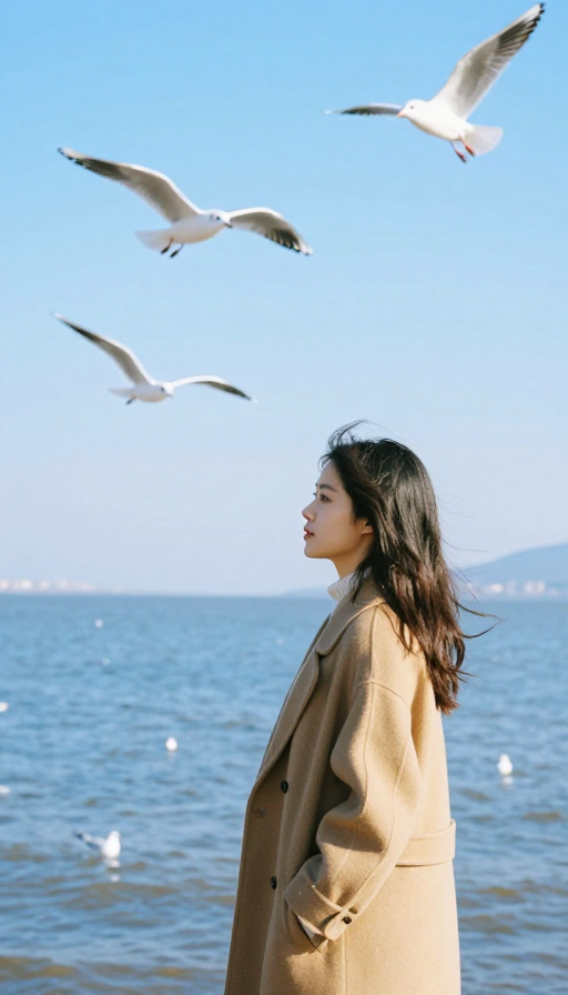 海畔少女:海鸥与大衣的文艺瞬间