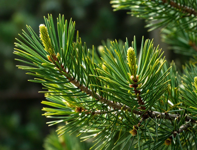生机盎然的松树枝条特写：高清摄影展现自然纹理与嫩绿新芽