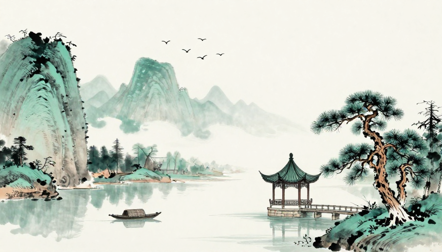 青绿山水诗意画卷:飞鸟掠水之景
