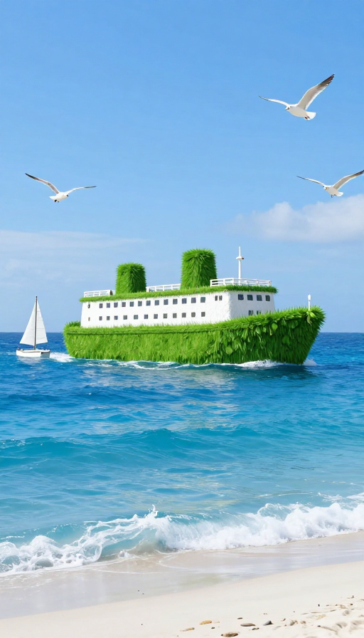 大草巨轮遨游宝石蓝海,海鸥伴航白色沙滩