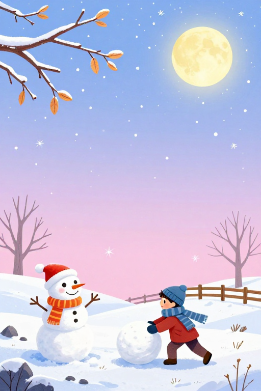 冬日雪景梦幻插画：满月下的温馨童话