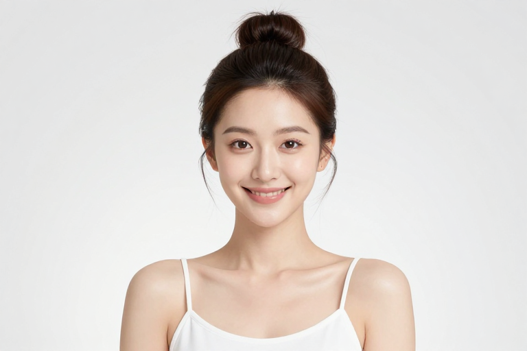 亚洲女性微笑裸妆写真,柔光光影与纯白背景的完美融合