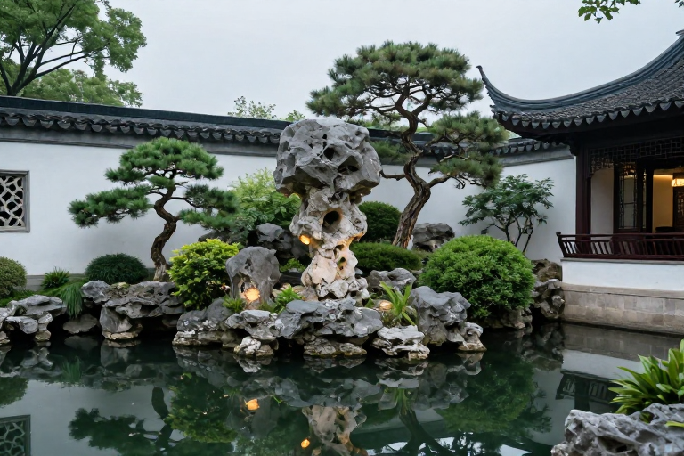 古韵江南:中式庭院假山倒影光影摄影