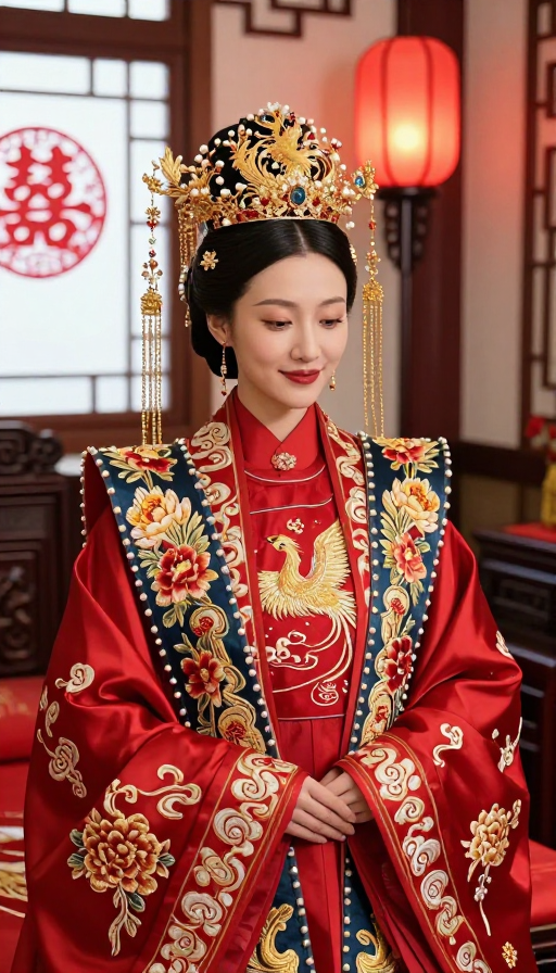 红金凤冠牡丹新娘中式婚礼特写