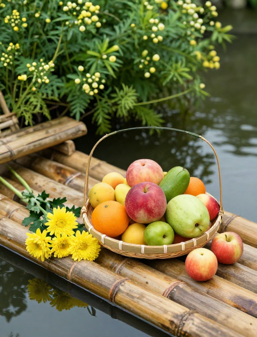 竹篮鲜果点缀夏日水乡