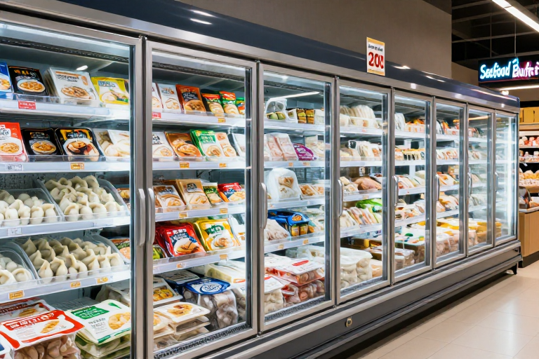 超市冷冻食品区全景展示：高清冷柜陈列与促销标识细节