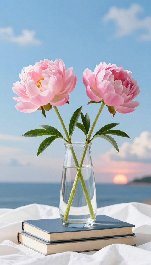 透明玻璃瓶中盛放双朵粉芍药，蓝天落日常景