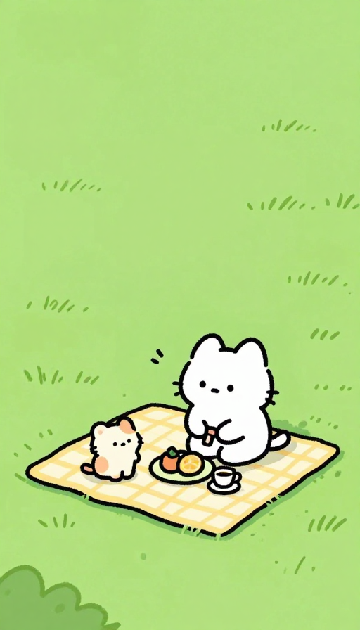 宫崎骏风手绘:白猫小花猫草地野餐的治愈瞬间