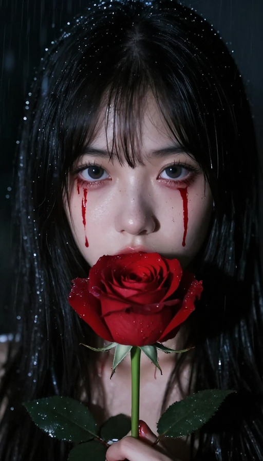雨夜黑幕下，红玫瑰与凝视之眸