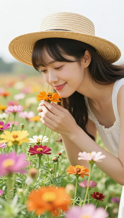 少女花海中俯身嗅香,清新田园风光