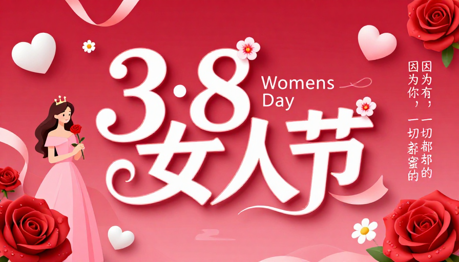 浪漫玫红3·8妇女节艺术字海报设计