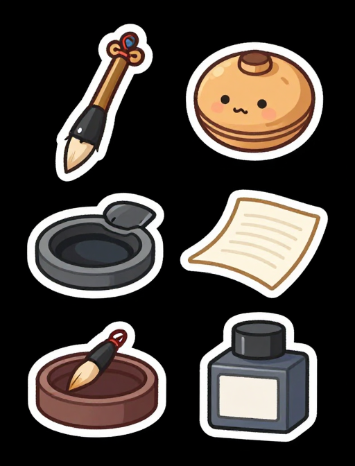 中国风Q版文房四宝贴纸插画