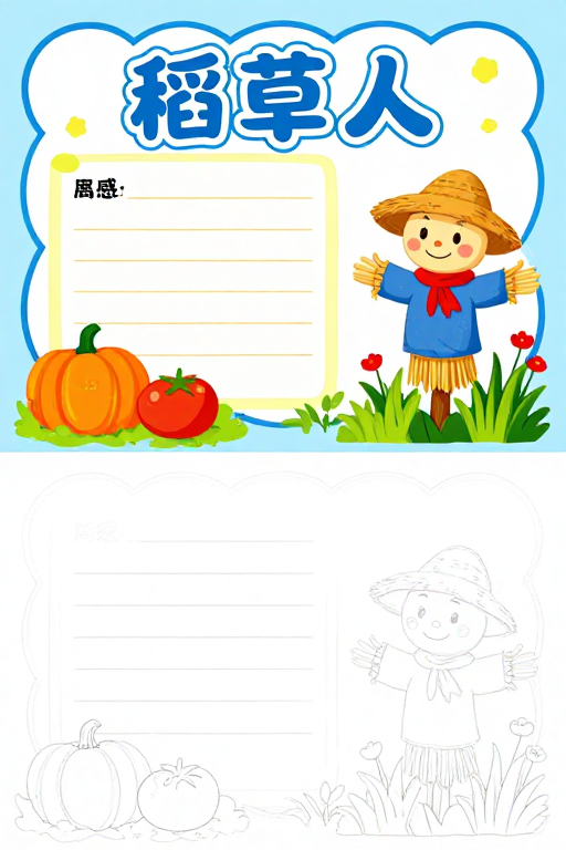 童趣手绘‘稻草人’手抄报设计图