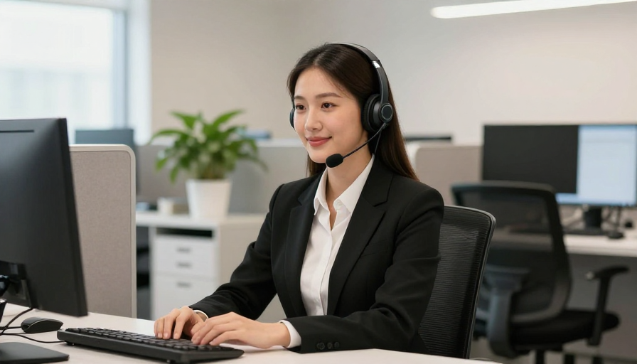 现代办公室中的专业亚洲女性客服微笑工作