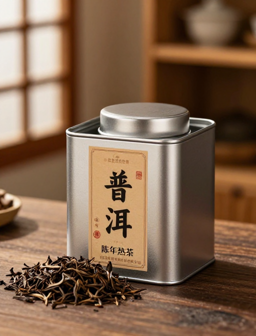 陈年普洱金罐静置暖光摄影
