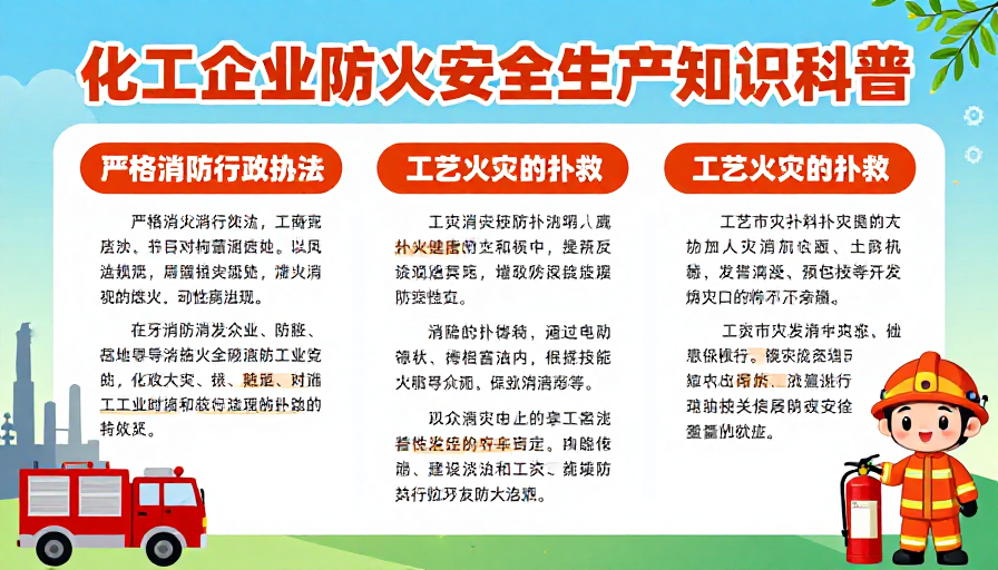 化工企业防火安全生产科普海报：橙红蓝绿工业风设计