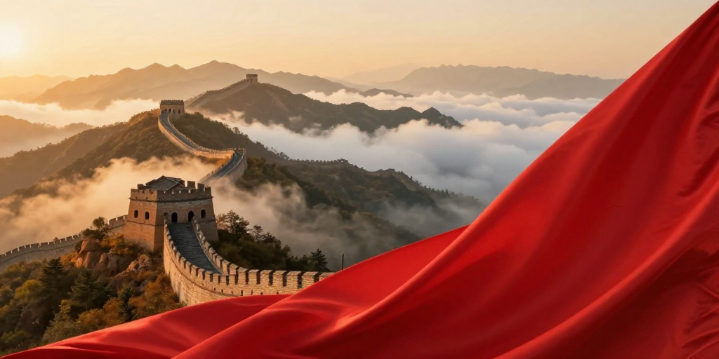 金辉晨曦下的万里长城与红旗