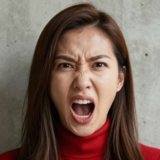 怒发冲冠：亚洲女性嘶吼表情特写