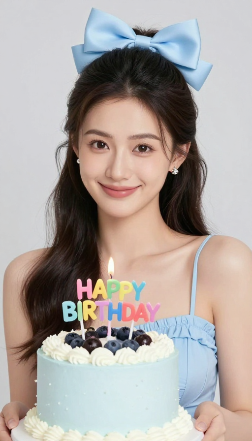 清新甜美生日写真:浅蓝少女与梦幻蛋糕