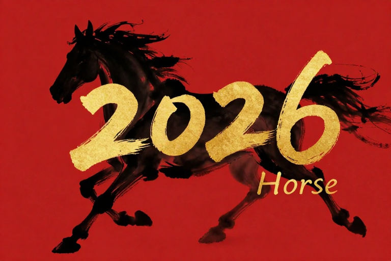 2026年水墨马奔腾·金色生肖贺岁海报