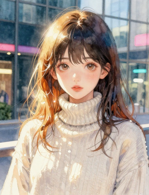 琥珀光影下的水彩少女：霓虹背景下的时尚半身像