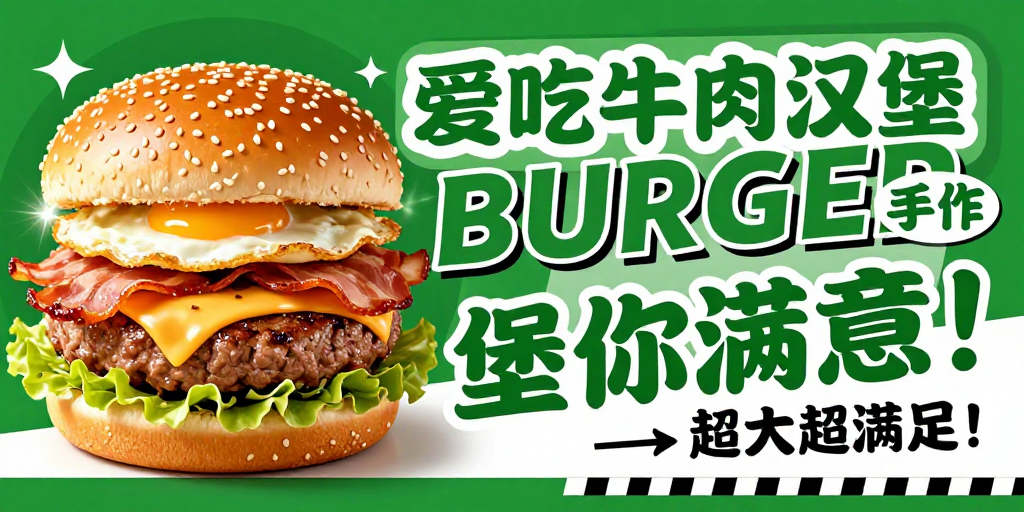 绿色美食诱惑:手作牛肉汉堡街头潮流海报