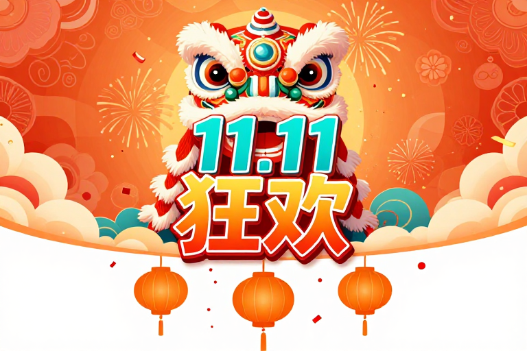 国风舞狮迎十一 暖橙青绿喜庆促销