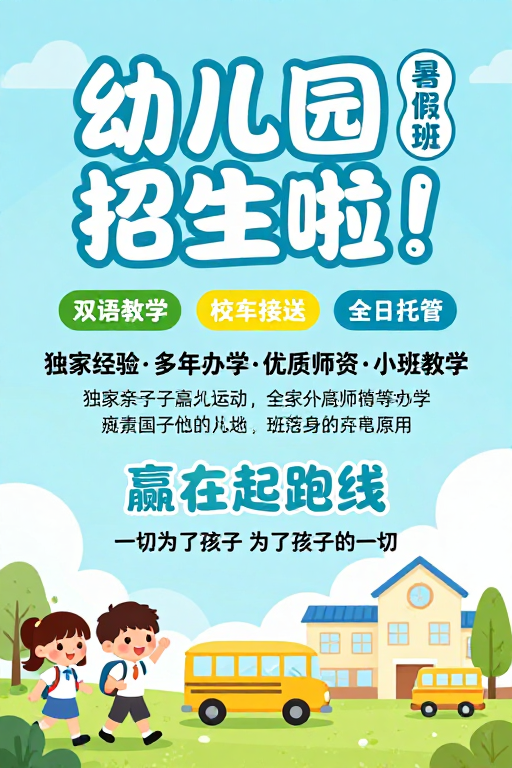 童趣蓝绿系幼儿园暑假班招生宣传
