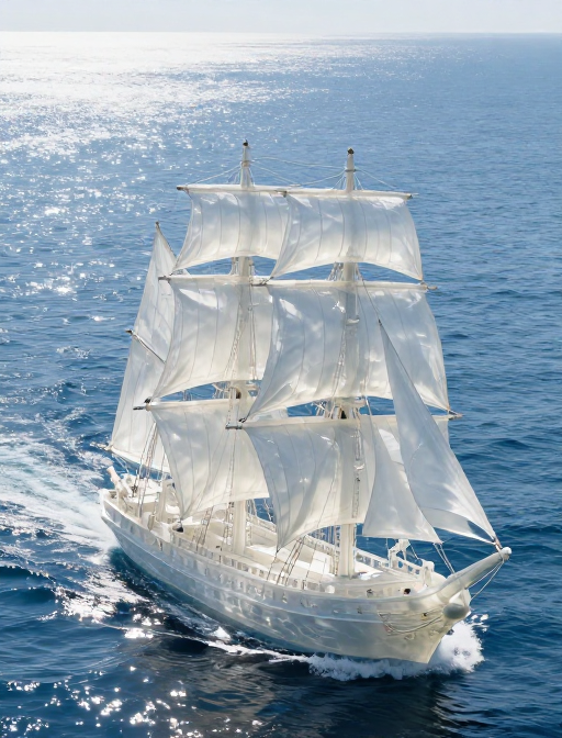 透明白玉帆船海上启航,超清高清实景摄影