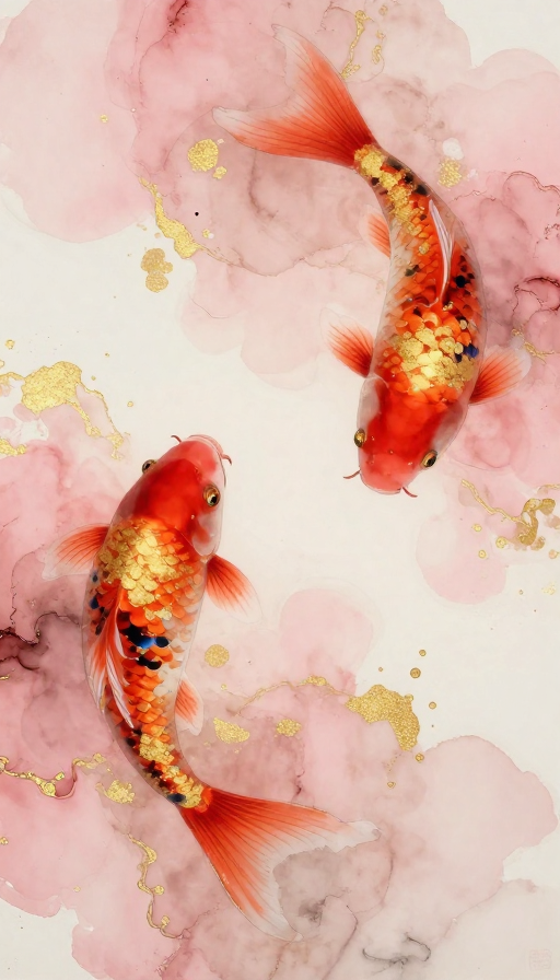 金箔岩彩双锦鲤：浪漫印象派古风艺术